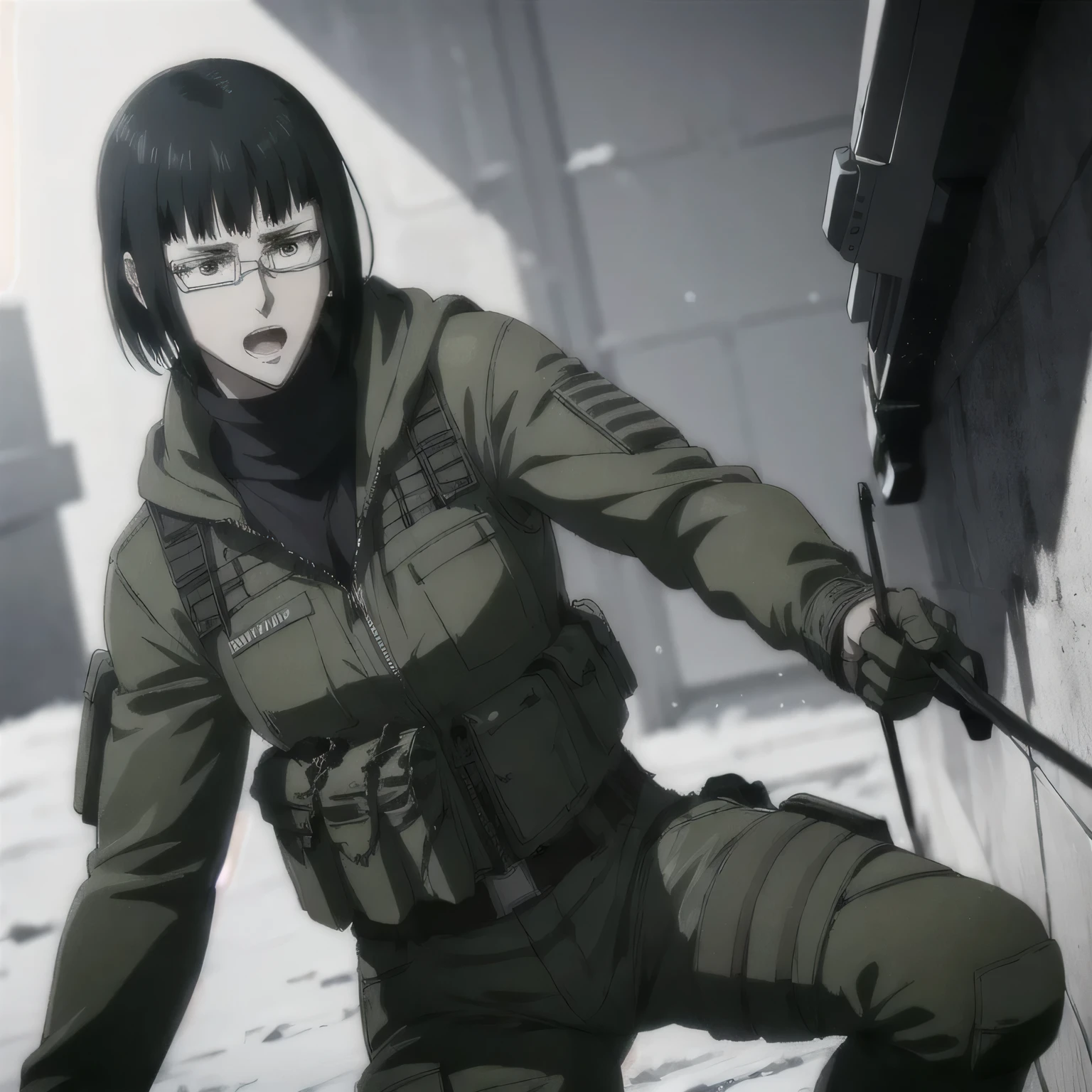 (best quality,ultra-detailed,realistic:1.37),musclaur badass girl wearing Winter jacket and undershirt and Camouflage combat trousers, full review of the female character's face and body, intense expression, strong and confident posture, studio lighting, vivid colors, physiologically-based rendering, grungy texture, rugged background, dust particles in the air, commanding presence, professional, powerful, gritty aesthetics,,Valmet،short hair,necklace,Erect penis inside combat trousers