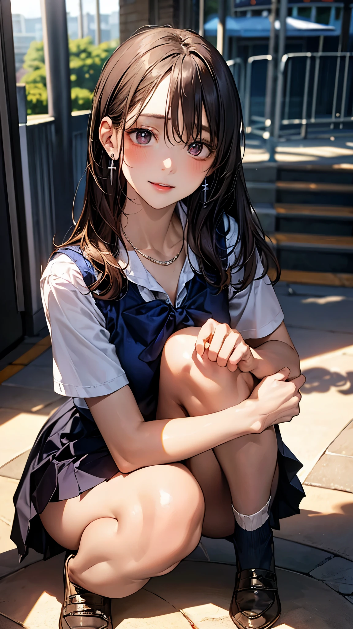 (masterpiece:1.2, top-quality), (realistic, photorealistic:1.4), beautiful illustration, (natural side lighting, movie lighting), nsfw,
beautiful detailed hair, beautiful detailed face, beautiful detailed eyes, beautiful clavicle, beautiful body, beautiful chest, beautiful thigh, beautiful legs, beautiful hands,
looking at viewer, 1 girl, japanese, high school girl, perfect face, cute and symmetrical face, shiny skin,
(long hair, straight hair, brown hair), forehead, gray eyes, slant eyes, big eyes, long eye lasher, (medium breasts), (small ass, thin thighs), slender, outstanding style,
(detailed cloth texture, short sleeve white collared shirt, navy school vest, navy pleated skirt, navy bow tie), earrings, necklace,
(beautiful scenery), amusement park, go-round, ferris wheel, (squatting, crouching, hands on chest, skirt hold), (seductive smile, upper eyes, parted lips),