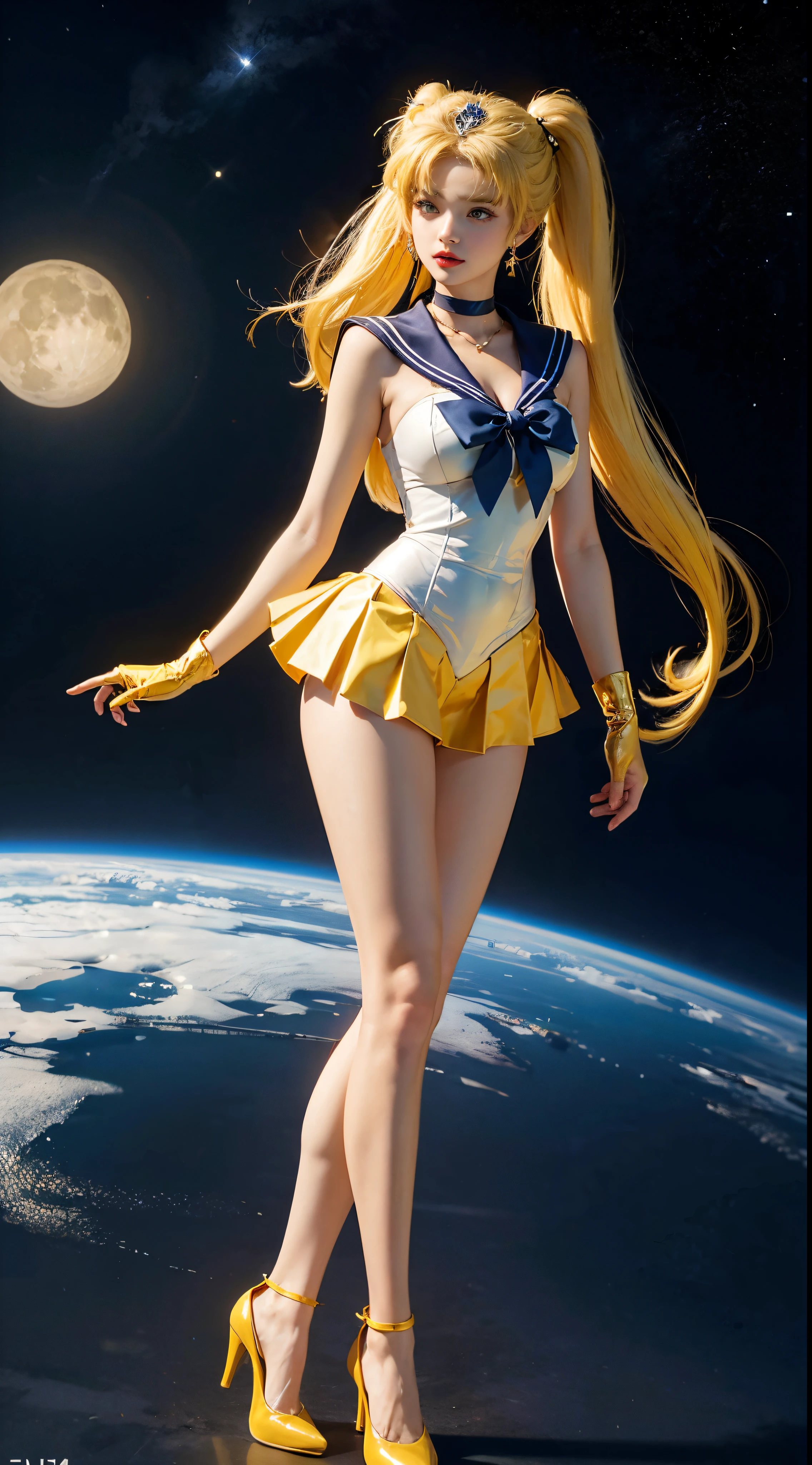 ((masterpiece:1.4)、(top quality:1.4)、(realistic:1.7))、piece of chewing gum:1.4、beautiful girl、(Sailor Moon:1.4)、Tsukino Usagi、Sexy Sailor Senshi Body Uniform、(shiny latex)、(The jacket is a white sleeveless sailor jacket.)、(Skirt Blue sexy ultra ultra pleated mini skirt)、Blue sailor collar with two thin lines..、high leg swimsuit、Red fabric pattern on chest.、(Wearing white gloves)、Kawaii girl、super beauty、sharp focus、Portrait photographs、(Ideal female body:1.4)、perfect proportions、Upper body photo:1.4、Beautiful face、beautiful eyes、slim waist、beauty of feet、(yellow hair:1.4)、(hair length:1.2)、Beautiful udder、large full breasts:1.2、sexy ass、raw photo、Red lips、Red high heels:1.4、necklace:1.4、necklace:1.4、earrings:1.4、Luxurious gold tiara:1.4、1 display screen、Moon、space、spaceships、space station、city of the future