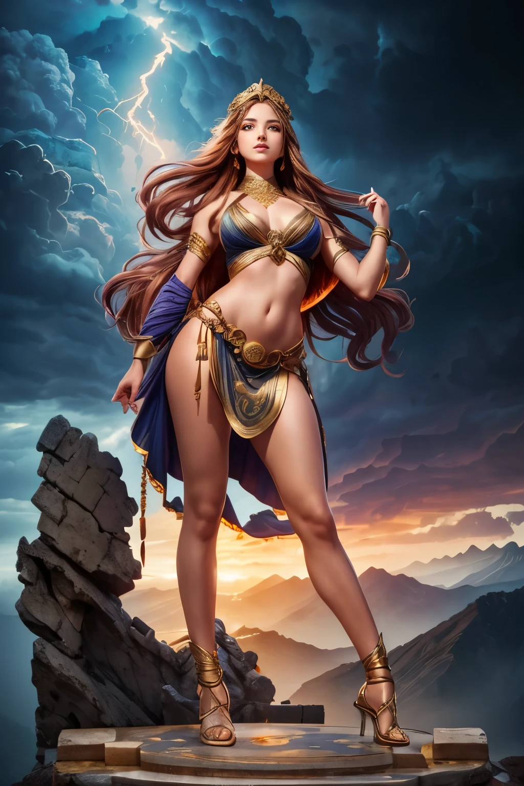 Surreal art of a beautiful woman embodying the goddess of the sky, standing on an ancient column, her long brown hair with bright golden locks fluttering in the stormy air as the spectacular setting sun paints the sky with red clouds. Dark clouds intertwined with lightning and a gentle drizzle, watercolor style masterpiece with an effect that creates a stormy sky, transparent swimsuit underwear, ancient Greek city blurred in the distance, ancient city in the fog, girl on high mountain for see the valley, goddess dressed in gold jewelry, a girl from the front looking to the side, poses on a marble pedestal, stands on a marble column, 8k resolution, high quality art, pose of a lady in motion, elegant, high quality film poster, overexposure of elements, fracture, girl on high mountain observing the distant valley,