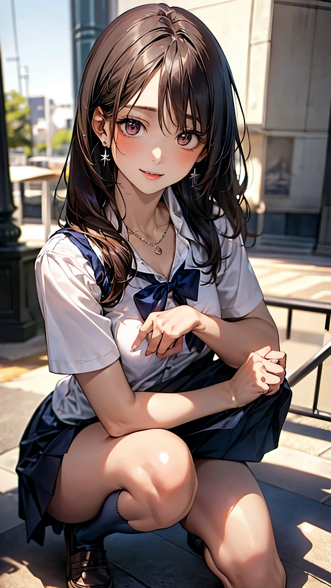 (masterpiece:1.2, top-quality), (realistic, photorealistic:1.4), beautiful illustration, (natural side lighting, movie lighting), nsfw,
beautiful detailed hair, beautiful detailed face, beautiful detailed eyes, beautiful clavicle, beautiful body, beautiful chest, beautiful thigh, beautiful legs, beautiful hands,
looking at viewer, 1 girl, japanese, high school girl, perfect face, cute and symmetrical face, shiny skin,
(long hair, straight hair, brown hair), forehead, gray eyes, slant eyes, big eyes, long eye lasher, (medium breasts), (small ass, thin thighs), slender, outstanding style,
(detailed cloth texture, short sleeve white collared shirt, navy school vest, navy pleated skirt, navy bow tie), earrings, necklace,
(beautiful scenery), amusement park, go-round, ferris wheel, (squatting, crouching, hands on chest, skirt hold), (seductive smile, upper eyes, parted lips),