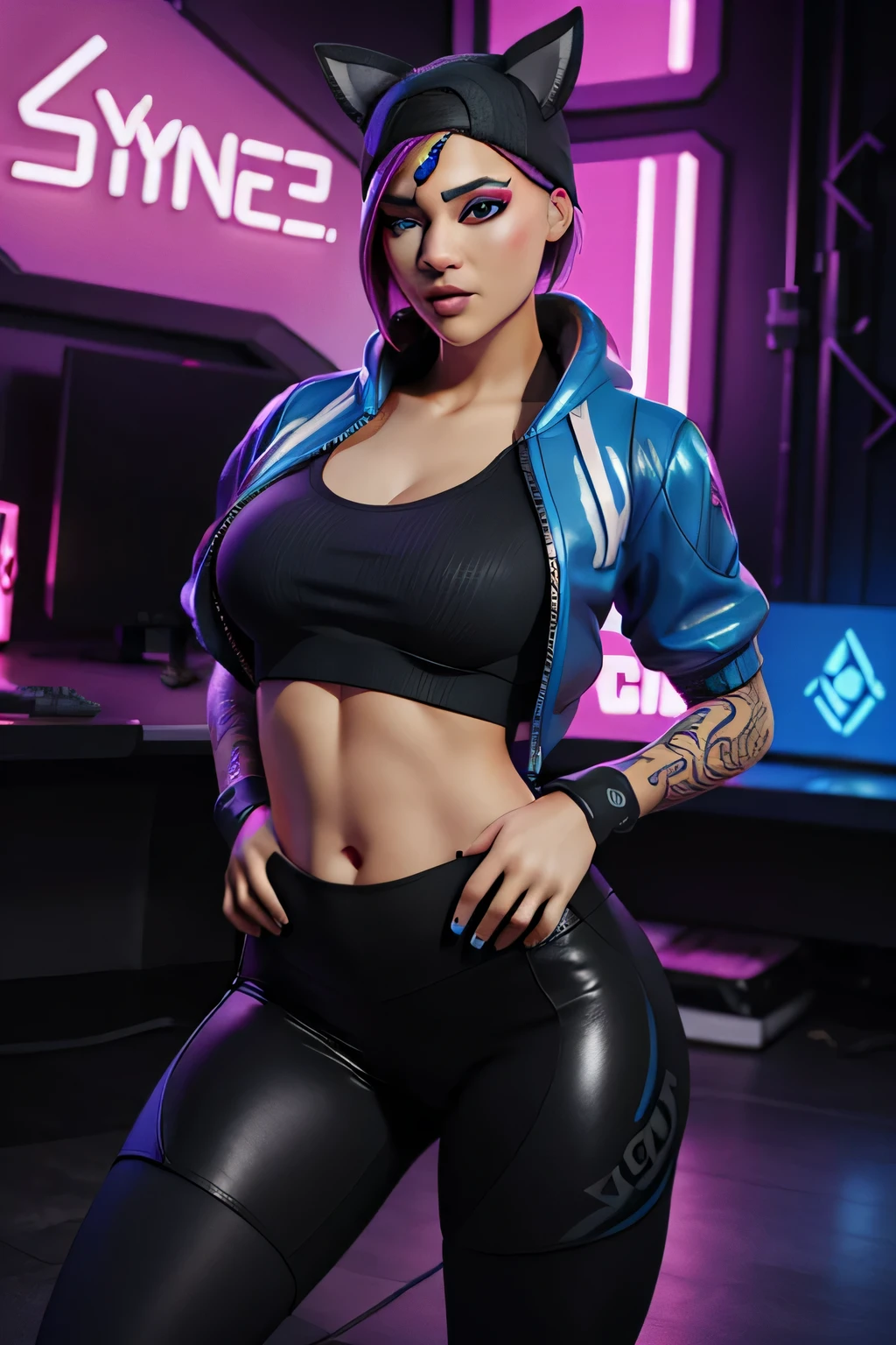 Gaming Zone Lynx chaqueta Negro, guantes sin dedos, Leggings Negros, ojos finos, neon