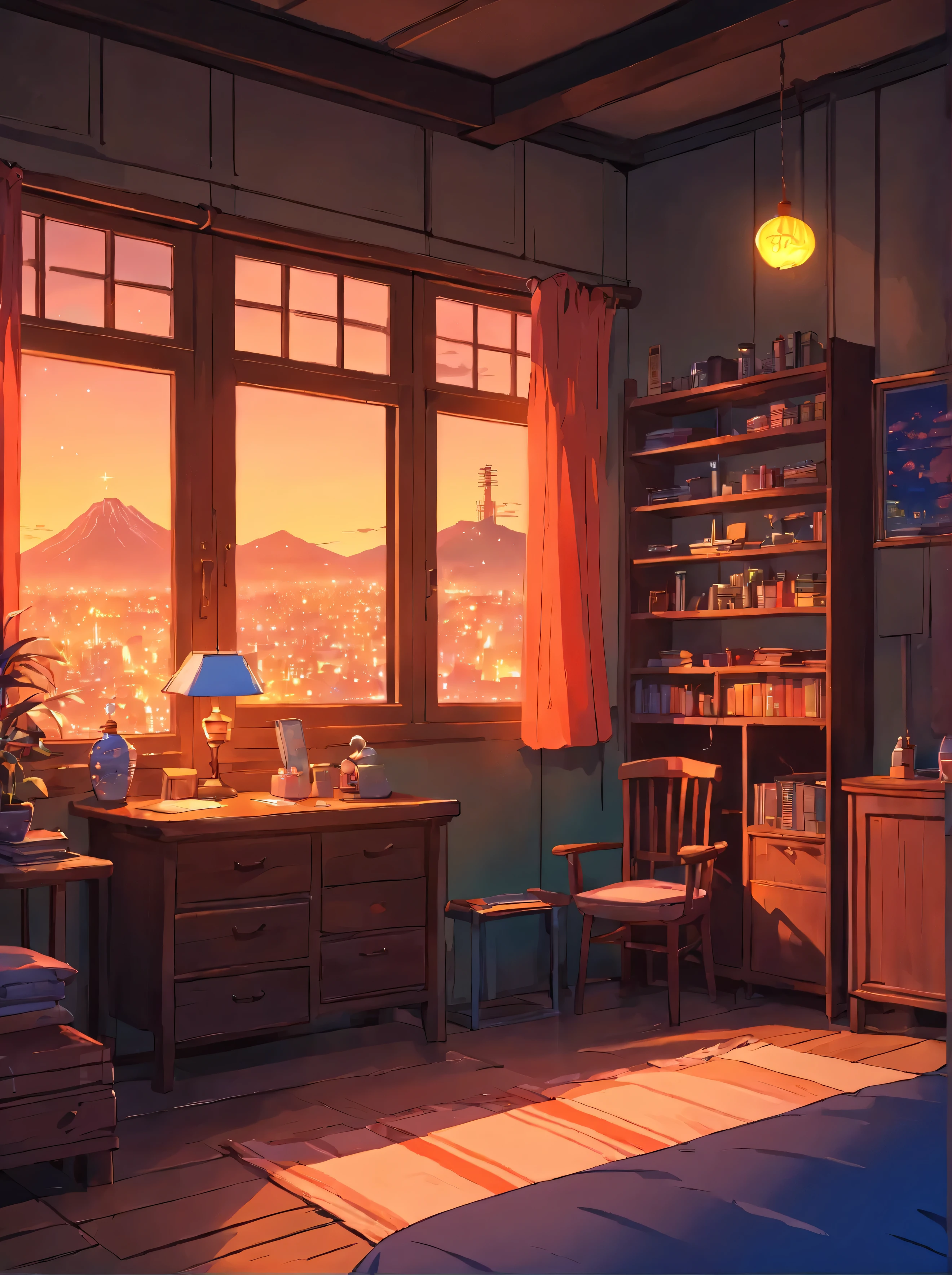 (best quality,4k,8k,highres,masterpiece:1.2),ultra-detailed,realistic,photorealistic:1.37,bedroom,window views,city skyline,stars,vivid colors,warm tones,dimly-lit,soft lighting,cozy atmosphere,airy curtains,comfortable bed,artsy decor,retro vibes,retro-styled furniture,nostalgic feel,low-poly furniture,neon signs,mysterious shadows,tranquil ambiance,serene night scenery,faint city sounds,peaceful sleep