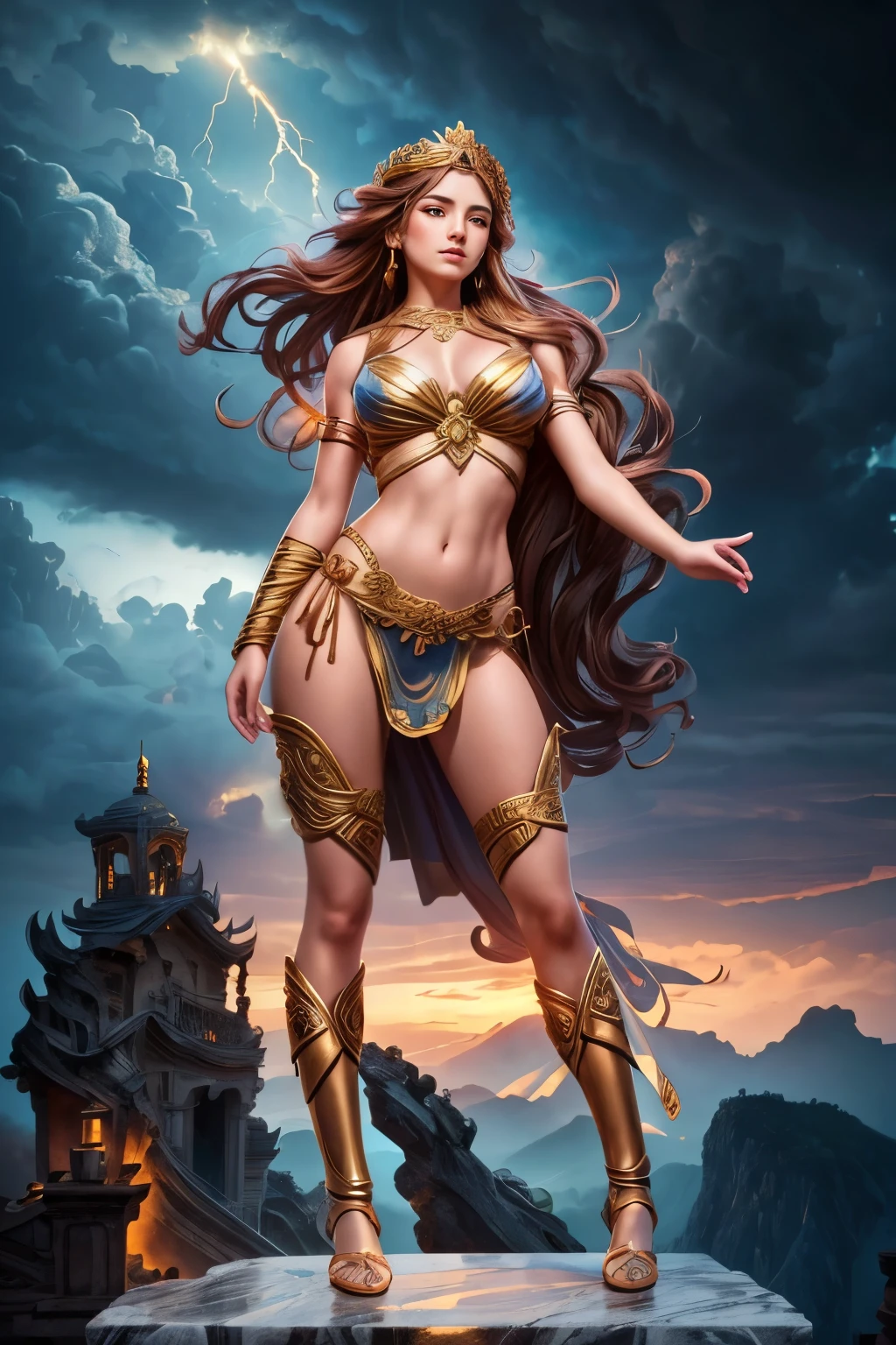 Surreal art of a beautiful woman embodying the goddess of the sky, standing on an ancient column, her long brown hair with bright golden locks fluttering in the stormy air as the spectacular setting sun paints the sky with red clouds. Dark clouds intertwined with lightning and a gentle drizzle, watercolor style masterpiece with an effect that creates a stormy sky, transparent swimsuit underwear, ancient Greek city blurred in the distance, ancient city in the fog, girl on high mountain for see the valley, goddess dressed in gold jewelry, a girl from the front looking to the side, poses on a marble pedestal, stands on a marble column, 8k resolution, high quality art, pose of a lady in motion, elegant, high quality film poster, overexposure of elements, fracture, girl on high mountain observing the distant valley,