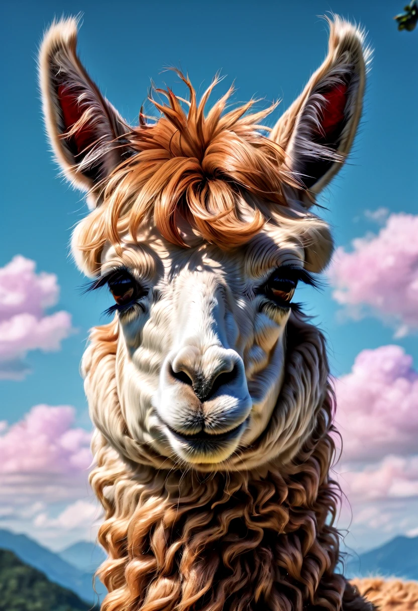 An Alpaca, aesthetic, (ultra-detailed, highres, masterpiece:1.2), alpaca, quirky, whimsical, playful, colorful, vibrant, fun, surreal, cartoony, imaginative, unexpected, unpredictable, surprising, mischievous, animated, dynamic, lively, energetic, magical, dreamlike, enchanted, fantasy, whimsical creatures, anthropomorphic, expressive, amusing, comical, entertaining, amusing, joyful, captivating, delightful, joyful, lively, vibrant, interactive, humorous, peculiar, animated, silly, enchanting