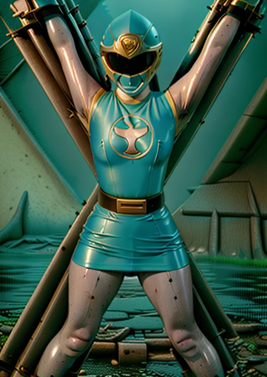 (best quality, masterpiece, RAW photo,ultra-detailed:1.2), 1girl, solo, looking at viewer, ((Hurricane Blue outfit, belt, gloves, helmet, blue spandex vest, sunglasses, blue boots, blue skirt, gray leggings, white gloves)), large breasts, (((spread legs:1.1))), tied in wooden X cross, captured, bondage, bdsm, nsfw, raised arms, dark room, eerie light, industrial background, full body render, head to toe, creampie, wet