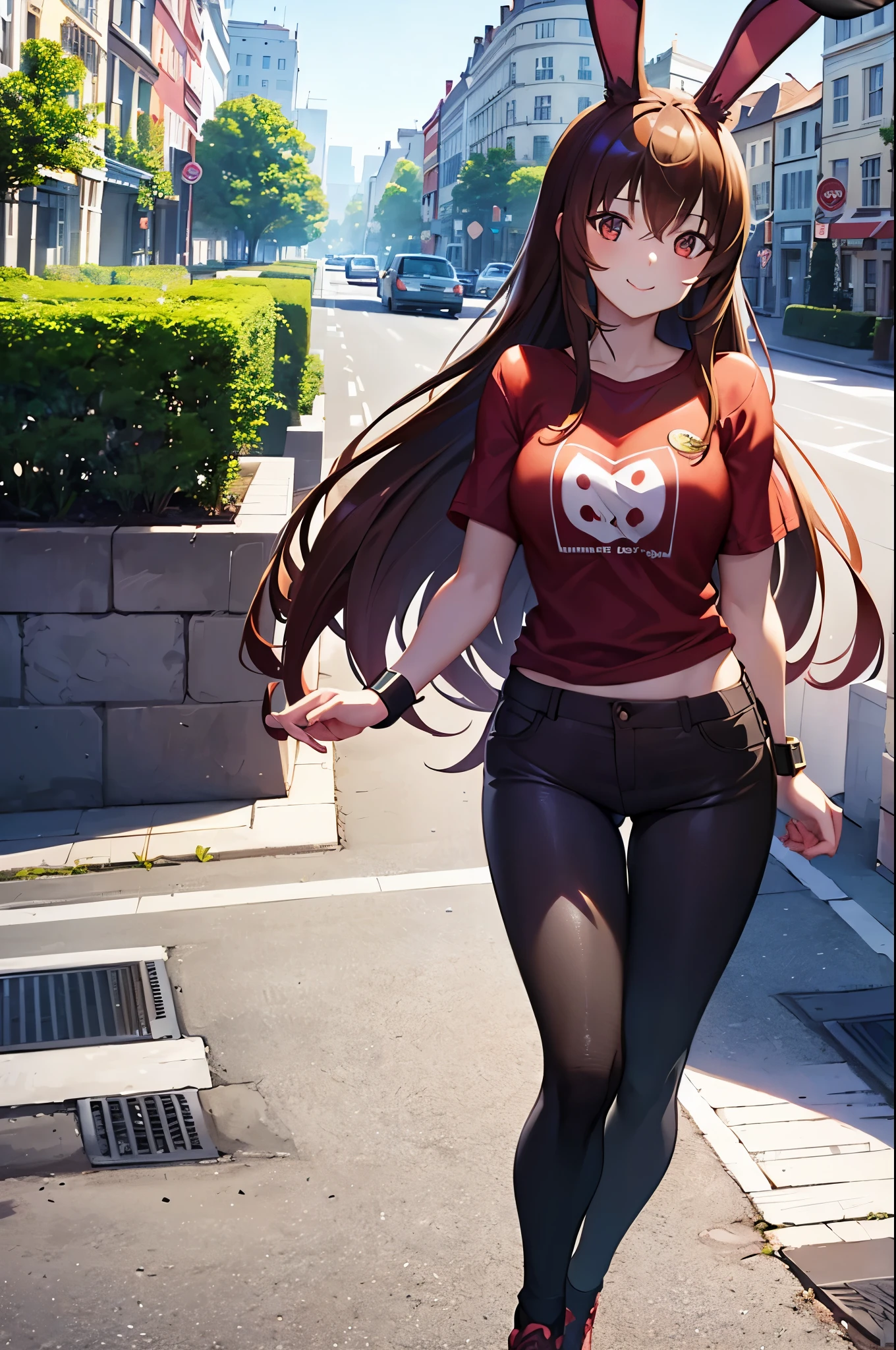 (artwork, best quality:1.2), Alone, 1 girl, scarlet velvet, bunny girl, smile, looking at viewer, Bunny ears, wearing a red t-shirt, black legging,shy face, in a city, london city, smiling, looking at viewer, 4k, masterpice, detailed, 4k
