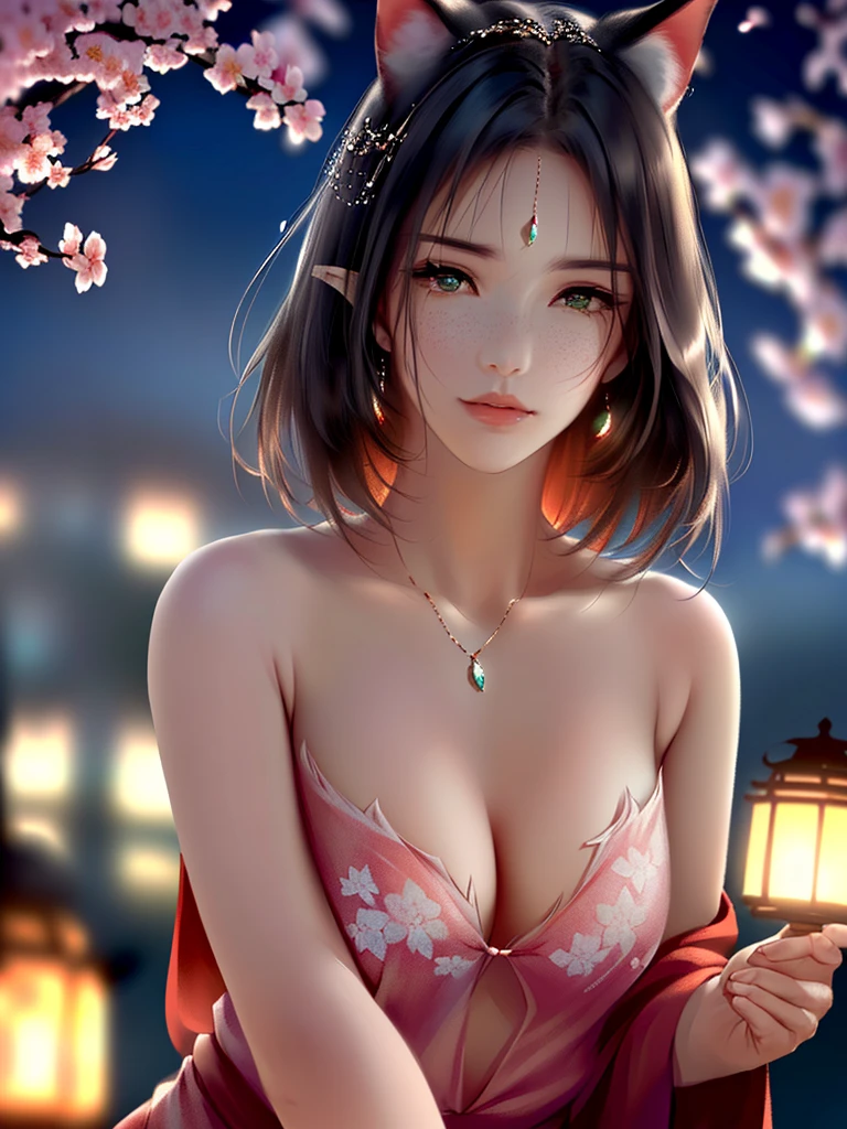 anime style, super fine illustration, highly detailed, dynamic angle, beautiful detailed, 8k, On a spring night, the cherry trees illuminated by the city lights are quietly shining. BREAK A woman stands still, captivated by the beautiful scene, watching the cherry blossoms flutter down. BREAK Her expression tells of her heartfelt admiration for the arrival of spring and the beauty of the cherry blossoms. very good illustration, High detail, dynamic angle, beautiful detailing,2D, (Best quality, masterpiece, Beauty, tenderness), Anime, Highly detailed face, very detailed eyes, very detailed background, Ideal lighting, Whole body, 1 girl, One, (Very detailed cat ears), (Very detailed ears behind the hair), Finely detailed eyes, ears covered with hair,