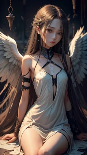 (numero々Obras-primas premiadas de, With incredible detail, textures and maximum detail), (hyper realistic:1.4), (Realistic:1.3), (Peles de textura real de alta qualidade), (desenhar o corpo inteiro:1.7), (Thin true circle Symmetrical eyes), (rosto bonito finamente desenhado), (Imagens decadentes: 1.5), (Aesthetic image: 1.5), Imagens lascivas e sedutoras, Red students bewitching、((mundo medieval)), ((FALLEN ANGEL)), Asas pretas nas costas、 (Ela tem um sorriso travesso no rosto), (Olhos que brilham vermelhos no escuro:1.5), seios grandes e cheios、cintura fina、bunda grande、(Deep black costume with delicate and elaborate patterns:1.4), (many fallen angels dancing in the background:1.3), (dramatic light), (A majestic sight), (His countenance is gentle and handsome, Contudo、Somehow horrible), ((Large wings with feathers behind the shoulders)), (desenhar o corpo inteiro:1.7), (Asas dobradas), Brincos de vidro nas orelhas, (((dramatic photography))), (Twilight), (Sunset), (twilights), (Seduction poses), (dramatic pose), (cabelos prateados), Longas, ((retrato de corpo inteiro)), (Around her neck is a simple necklace of exquisite finish), (Chamas em redemoinho), (Spinning lightning), (Gelo e neve rodopiantes), (desenhar o corpo inteiro:1.7), Old ruins infested with plants, Grande Templo, grande catedral, temple ruins, templo destacado, Luminous magic circle, Ruins of an ancient castle, Deserted ruins, ruined ruins, Ancient ruins with clear water, Masses of bright majestic clouds and sky, Raio, epic realistic, ((Cores Neutras)), (NFFSW:1.5), (cores silenciadas:1.2), hiper detalhado, cinemactic, luzes quentes, dramatic light, (detalhes intrincados:1.1), Muitos fundos de cruzes pretas,