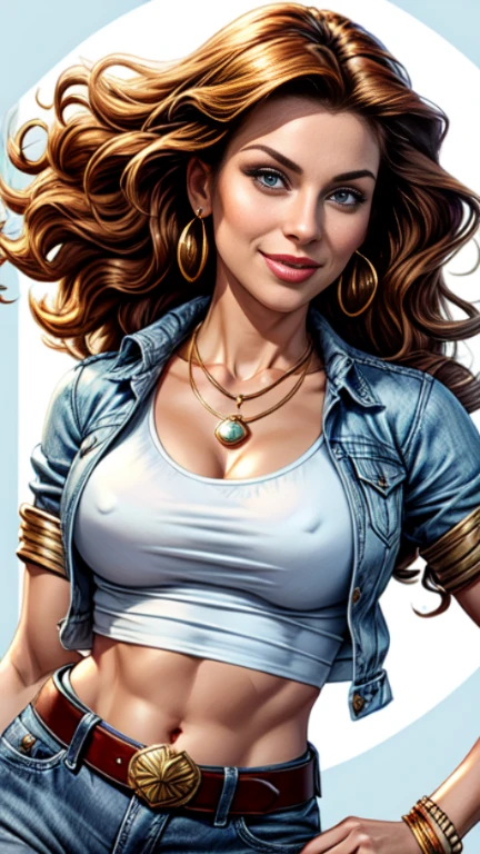 1woman 30year old, solo, long curly hair, looking at viewer, detailed eyes, shy smile,jewelry, medium breasts, earrings, midriff, belt, blue denim jacket over tight white t-shirt,necklace, bracelet, lips, armlet, ((dynamic pose)), ((dynamic angle)),