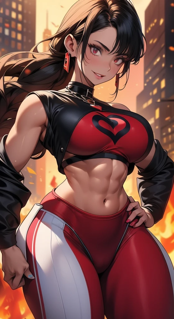 juri han,Arab woman with black blouse and red pants, olhos amarelos, rabo de cavalo, em uma rua da cidade de Chicago, short shirt and strong abdomen, foto de corpo inteiro, roupa vermelha dourada e preta, Modelo de fitness, linda mulher, Athletic Fashion Photography, close-up de corpo inteiro, retrato de darna moderno, becomes a curvy physique, vermelho e dourado, por Natasha Tan, imagem de perfil, ouro e vermelho, araffe woman in a black top and red pants em uma rua da cidade de Chicago, a portrait por Natasha Tan, trends in cg society, arabesco, short shirt and strong abdomen, foto de corpo inteiro, roupa vermelha dourada e preta, Modelo de fitness, linda mulher, close-up de corpo inteiro, Athletic Fashion Photography, retrato de darna moderno, becomes a curvy physique, female genius, female demon, obra de arte