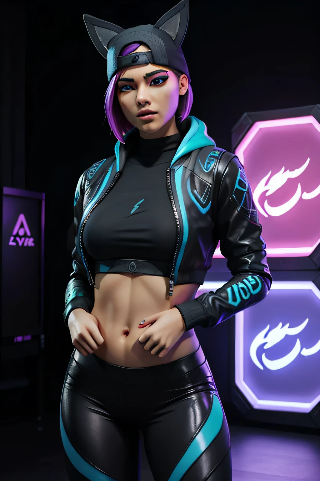 Gaming Zone Lynx chaqueta Negro, guantes sin dedos, Leggings Negros, ojos finos, neon
