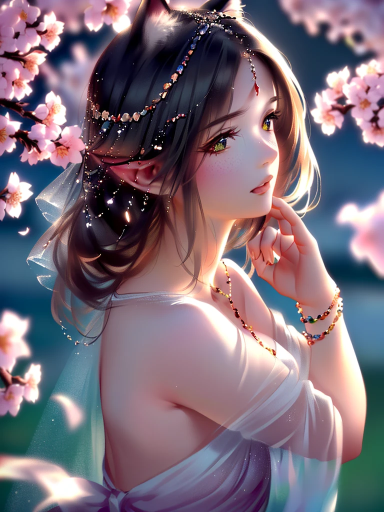 anime style, super fine illustration, highly detailed, dynamic angle, beautiful detailed, 8k, On a spring night, the cherry trees illuminated by the city lights are quietly shining. BREAK A woman stands still, captivated by the beautiful scene, watching the cherry blossoms flutter down. BREAK Her expression tells of her heartfelt admiration for the arrival of spring and the beauty of the cherry blossoms. very good illustration, High detail, dynamic angle, beautiful detailing,2D, (Best quality, masterpiece, Beauty, tenderness), Anime, Highly detailed face, very detailed eyes, very detailed background, Ideal lighting, Whole body, 1 girl, One, (Very detailed cat ears), (Very detailed ears behind the hair), Finely detailed eyes, ears covered with hair,