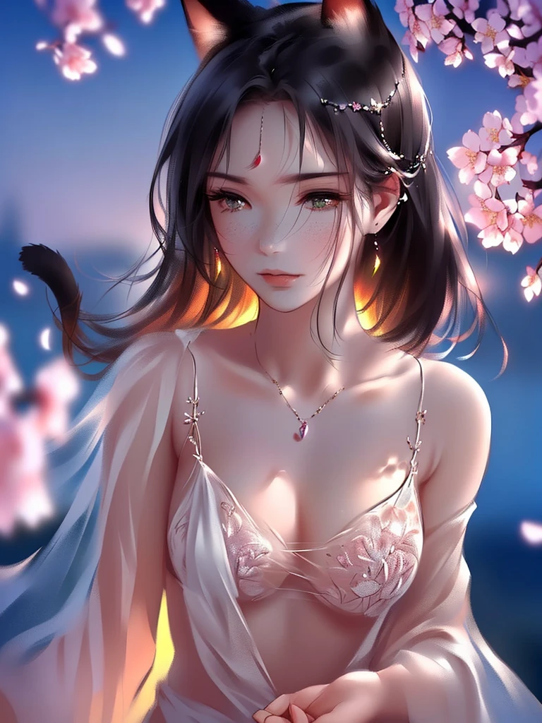 anime style, super fine illustration, highly detailed, dynamic angle, beautiful detailed, 8k, On a spring night, the cherry trees illuminated by the city lights are quietly shining. BREAK A woman stands still, captivated by the beautiful scene, watching the cherry blossoms flutter down. BREAK Her expression tells of her heartfelt admiration for the arrival of spring and the beauty of the cherry blossoms. very good illustration, High detail, dynamic angle, beautiful detailing,2D, (Best quality, masterpiece, Beauty, tenderness), Anime, Highly detailed face, very detailed eyes, very detailed background, Ideal lighting, Whole body, 1 girl, One, (Very detailed cat ears), (Very detailed ears behind the hair), Finely detailed eyes, ears covered with hair,