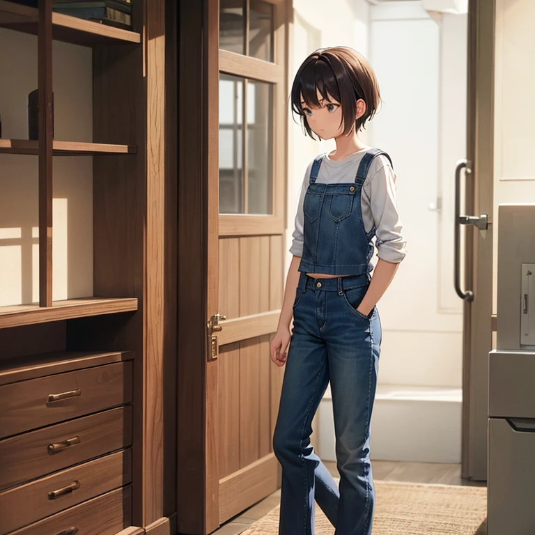 1 15 year old gril,white binder, blue jeans , brown haird, standing, short boyish hair, alone