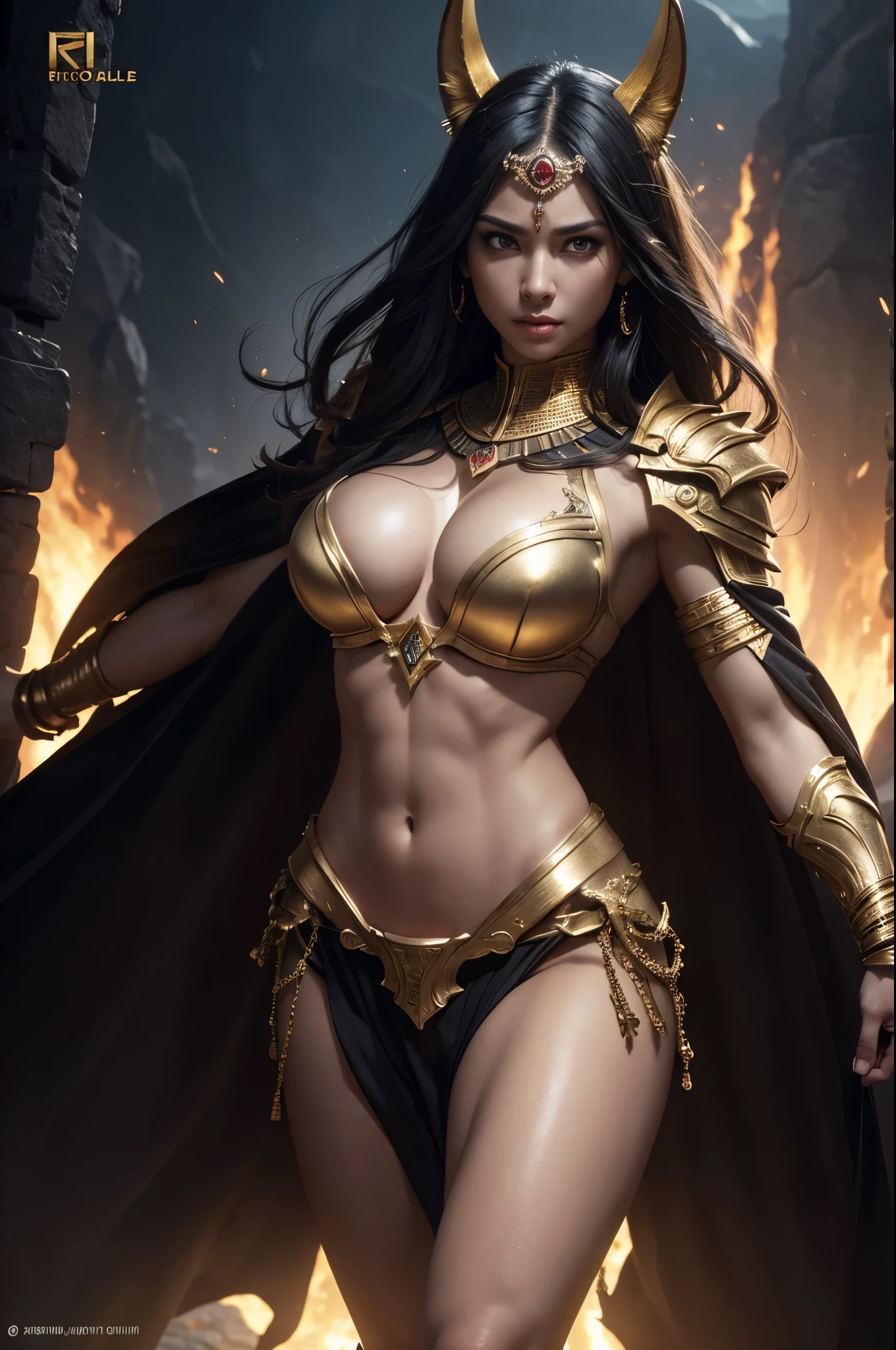 8K,Realistic, jewelry, (alone), (Dynamic pose), ((Hell's Gate)), fire, landscape of hell, (underworld), (dark landscape),Female Anubis, Egyptian jackal-headed god, Humanity, Muscular, (holding gold scales), Dynamic pose, Cinematic, Dramatic camera angles, Golden Armor:0.25, black & Gold Cape, (Excellent anatomy), (Good balance), Awards, masterpiece, Centered,Charm,Volume measurement,Body balance,超High resolution,Ultra-Realistic Skin,Digital single-lens reflex camera, Soft lighting, high quality, Highly detailed face, Highly detailed eyes, Highly detailed skins, skin, Scattered beneath the surface, Highly detailed face, Highly detailed eyes, Beautiful expression, Lip, Detailed Background, Depth of written boundary, big breasts、Volumetric lighting, Sharp focus, Absurd, Realistic proportions, Excellent anatomy, (Realistic, 超Realistic:1.4), 16K HDR, Dawn,big breasts,High resolution,Ultra-Realistic Skin,super Beautiful expression,Fantasy art,character,Violent and strongly cracked abdominal muscles,Dynamic pose,Close-up,Martial Arts Posture,
