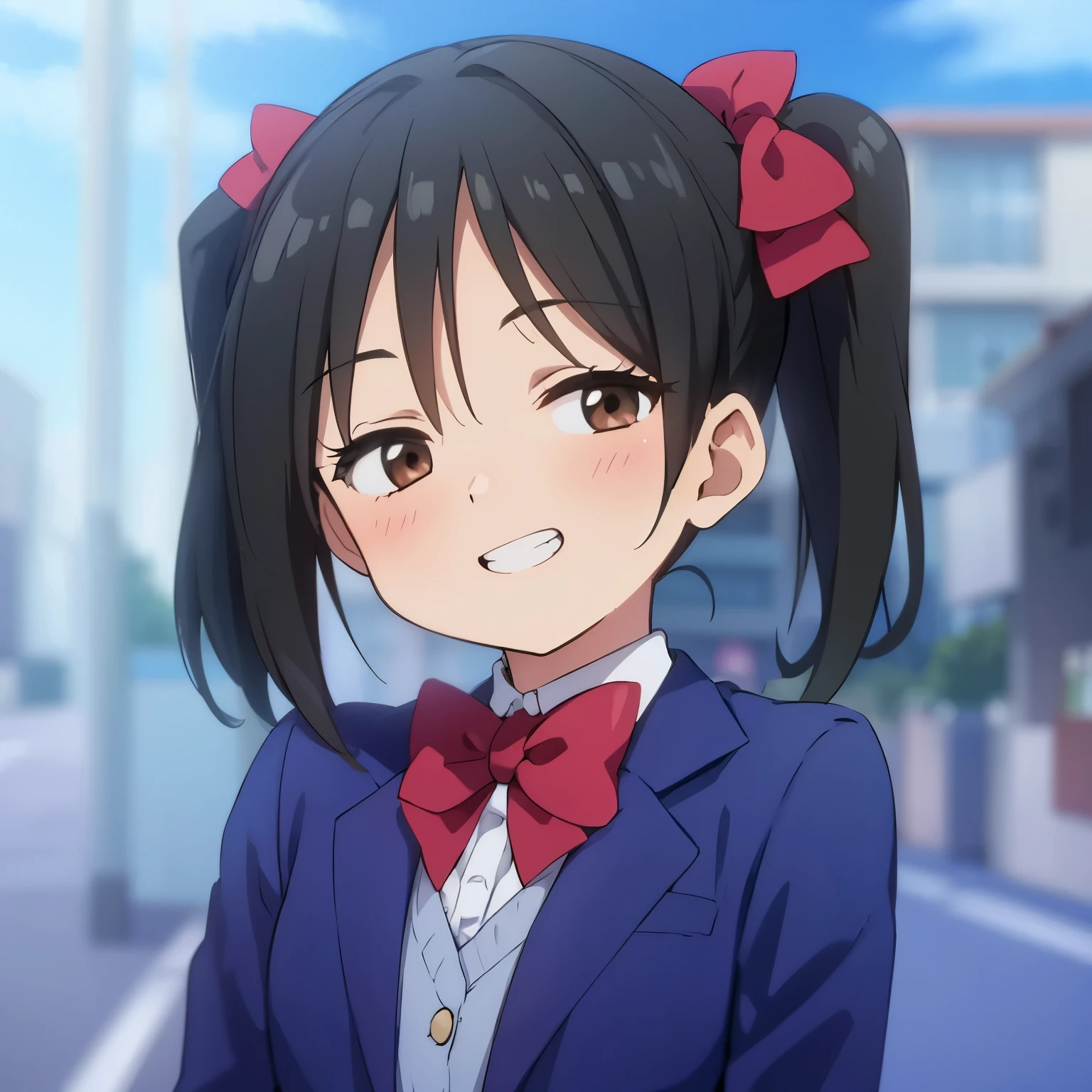 high quality, masterpiece. Tsandere girl. clothing blue jacket. red bow. dark hair. grin. Closed eyes. Hair ponytail. Brown eyes. against the background of the street.