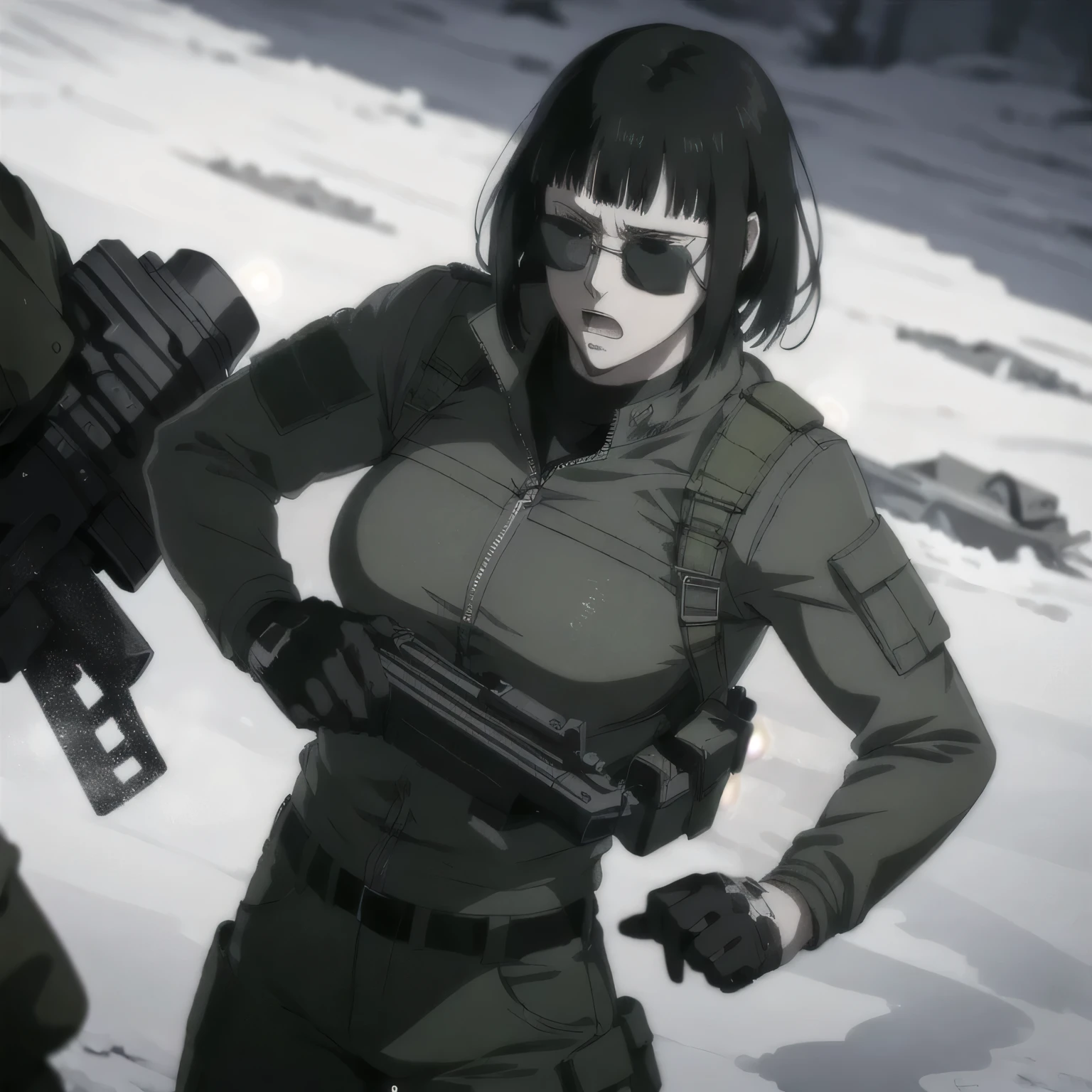 (best quality,ultra-detailed,realistic:1.37),musclaur badass girl wearing white Winter jacket and Black undershirt and Camouflage combat trousers, full review of the female character's face and body, intense expression, strong and confident posture, studio lighting, vivid colors, physiologically-based rendering, grungy texture, rugged background, dust particles in the air, commanding presence, professional, powerful, gritty aesthetics,,Valmet،short hair,necklace,sunglasses,Erect reproductive organ inside combat trousers