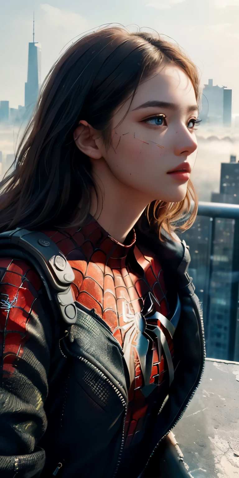 (1girl:1.3), Solo, (((Very detailed face)))), ((Very detailed eyes and face)))), Beautiful detail eyes, Body parts__, Official art, Unified 8k wallpaper, Super detailed, beautiful and beautiful, beautiful, masterpiece, best quality, original, masterpiece, super fine photo, best quality, super high resolution, realistic realism, sunlight, full body portrait, amazing beauty, dynamic pose, delicate face, vibrant eyes, (from the front), She wears Spider-Man suit, red and black color scheme, spider, very detailed city roof background, rooftop, overlooking the city, detailed face, detailed complex busy background, messy, gorgeous, milky white, highly detailed skin, realistic skin details, visible pores, clear focus, volumetric fog, 8k uhd, DSLR, high quality, film grain, fair skin, photo realism, lomography, futuristic dystopian megalopolis, translucent