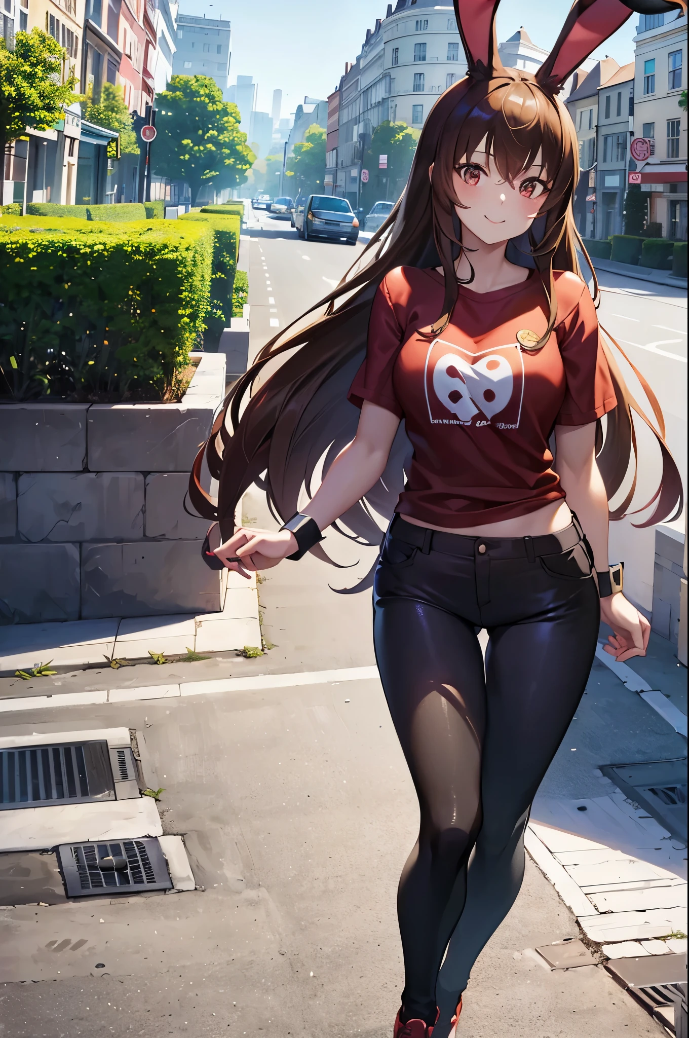 (artwork, best quality:1.2), Alone, 1 girl, scarlet velvet, bunny girl, smile, looking at viewer, Bunny ears, wearing a red t-shirt, black legging,shy face, in a city, london city, smiling, looking at viewer, 4k, masterpice, detailed, 4k
