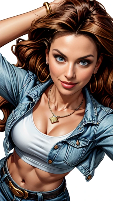 1woman 30year old, solo, long curly hair, looking at viewer, detailed eyes, shy smile,jewelry, medium breasts, earrings, midriff, belt, blue denim jacket over tight white t-shirt,mini skirt,necklace, bracelet, lips,((dynamic pose)), ((dynamic angle)),