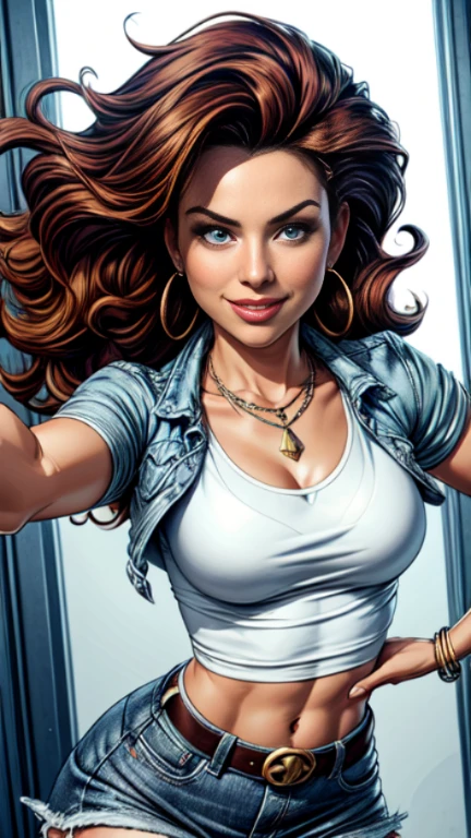 1woman 30year old, solo, long curly hair, looking at viewer, detailed eyes, shy smile,jewelry, medium breasts, earrings, midriff, belt, blue denim jacket over tight white t-shirt,mini skirt,necklace, bracelet, lips,((dynamic pose)), ((dynamic angle)),