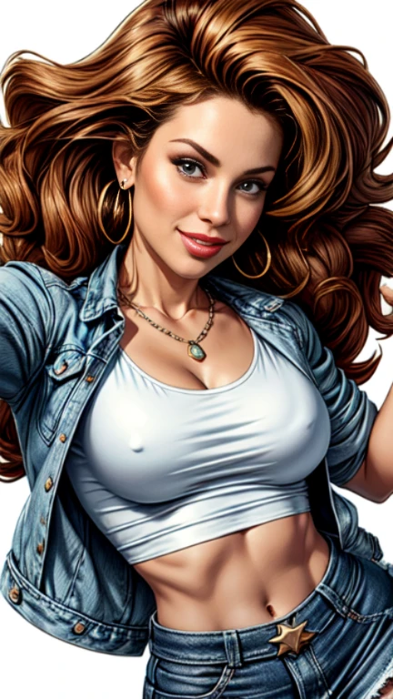 1woman 30year old, solo, long curly hair, looking at viewer, detailed eyes, shy smile,jewelry, medium breasts, earrings, midriff, belt, blue denim jacket over tight white t-shirt,mini skirt,necklace, bracelet, lips,((dynamic pose)), ((dynamic angle)),