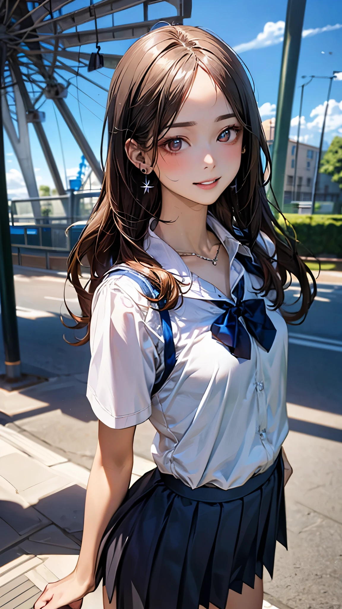 (masterpiece:1.2, top-quality), (realistic, photorealistic:1.4), beautiful illustration, (natural side lighting, movie lighting), nsfw,
beautiful detailed hair, beautiful detailed face, beautiful detailed eyes, beautiful clavicle, beautiful body, beautiful chest, beautiful thigh, beautiful legs, beautiful hands,
looking at viewer, 1 girl, japanese, high school girl, perfect face, cute and symmetrical face, shiny skin,
(long hair, straight hair, brown hair), forehead, gray eyes, slant eyes, big eyes, long eye lasher, (medium breasts), (small ass, thin thighs), slender, outstanding style,
(detailed cloth texture, short sleeve white collared shirt, navy school vest, navy pleated skirt, blue bow tie), earrings, necklace, wrist chakra, wrist chouchou,
(beautiful scenery), amusement park, go-round, ferris wheel, (walking, skirt hold), (seductive smile, upper eyes, parted lips),