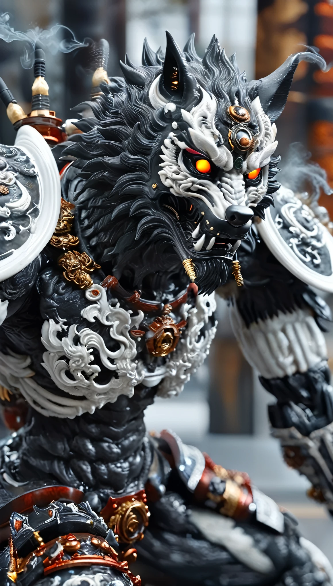 Japanese Temple、Black smoke is rising、A wolf cyborg samurai-like creature、eyes are shining、 Back view、(black and white)、FW Murano style, vibrant color blast, Incredibly detailed, dark, Key Visual, Atmospheric, Very realistic, high detail texture, Ray Tracing、lose luster、matte taste