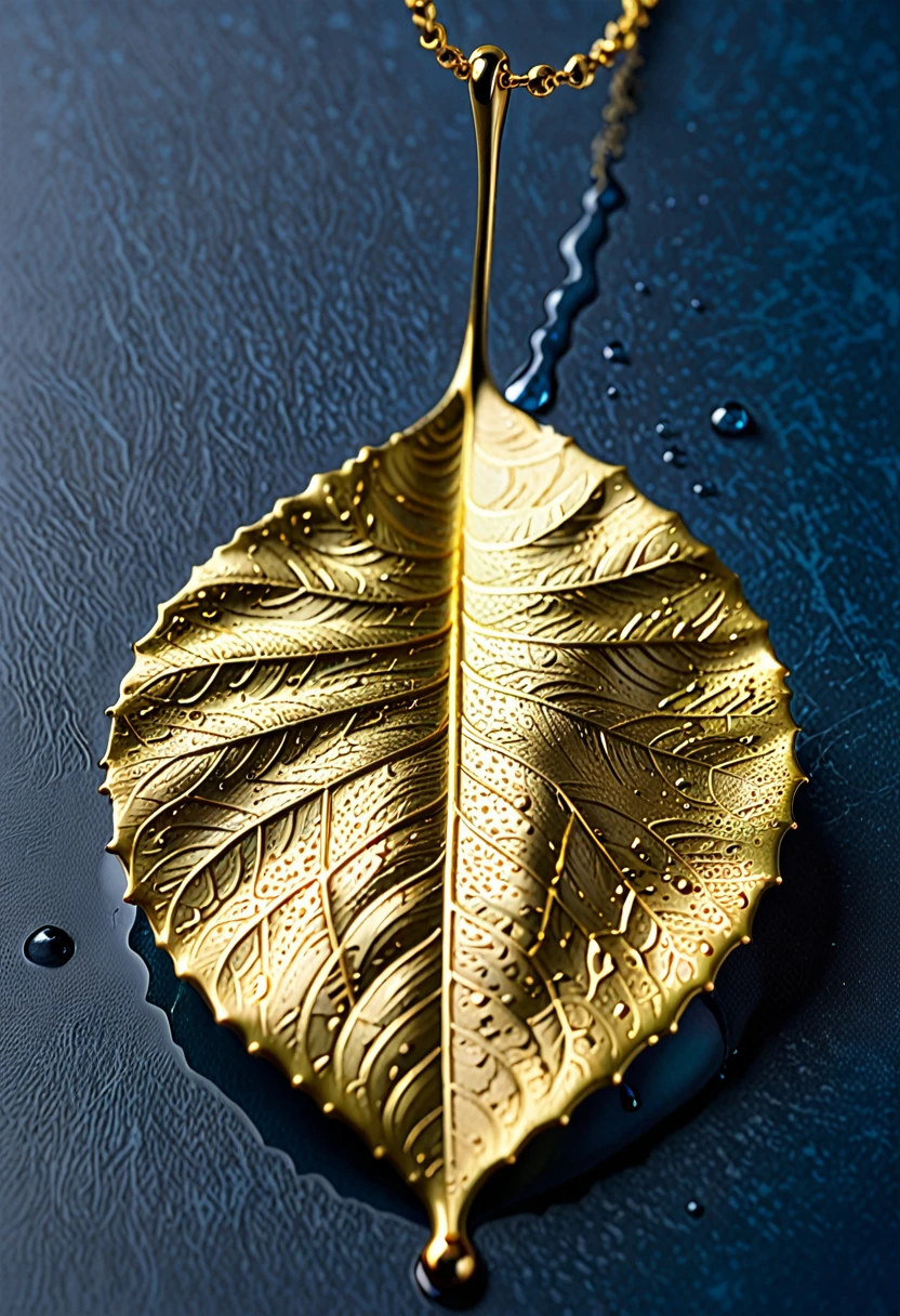 The image shows a work of art depicting a drop of gold. The drop is meticulously detailed, with the veins and textures of the leaf realistically rendered. The drop of gold has a shiny, metallic appearance, and the drop is set against a plain blue background, which contrasts with the golden color and highlights the details of the drop. The artwork is probably created using a technique that involves applying fine drops of gold to a surface, a common method for creating decorative or artistic pieces.