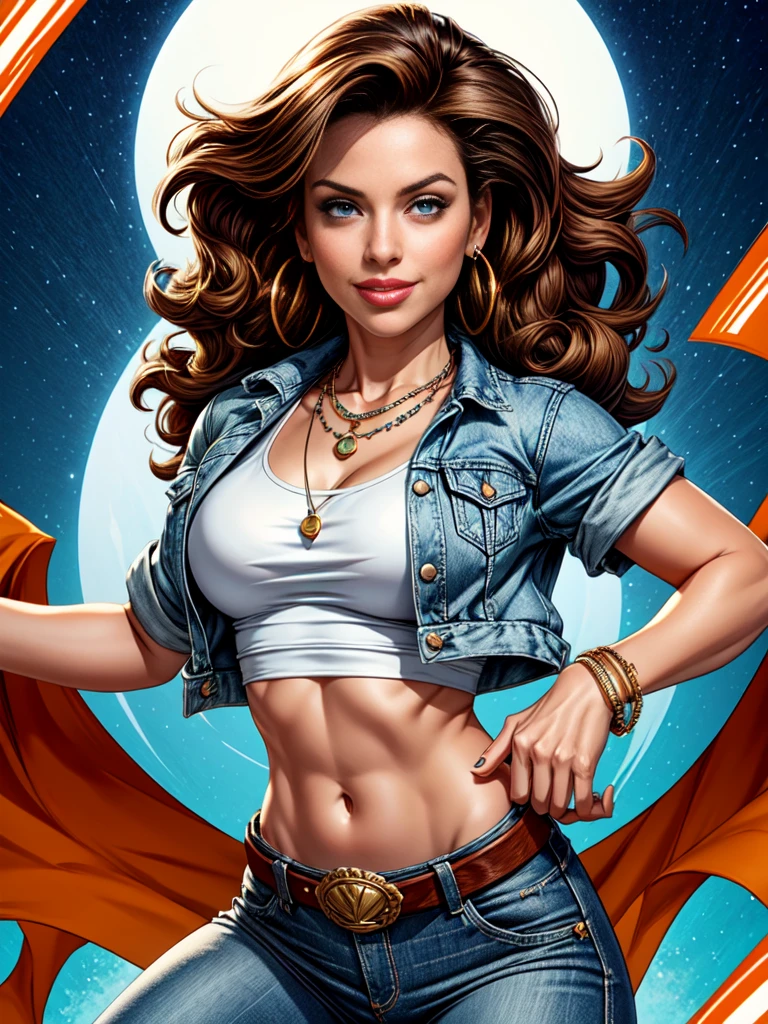 1woman 30year old, solo, long curly hair, looking at viewer, detailed eyes, shy smile,jewelry, medium breasts, earrings, midriff, belt, blue denim jacket over tight white t-shirt,mini skirt,necklace, bracelet, lips,((dynamic pose)), ((dynamic angle)),