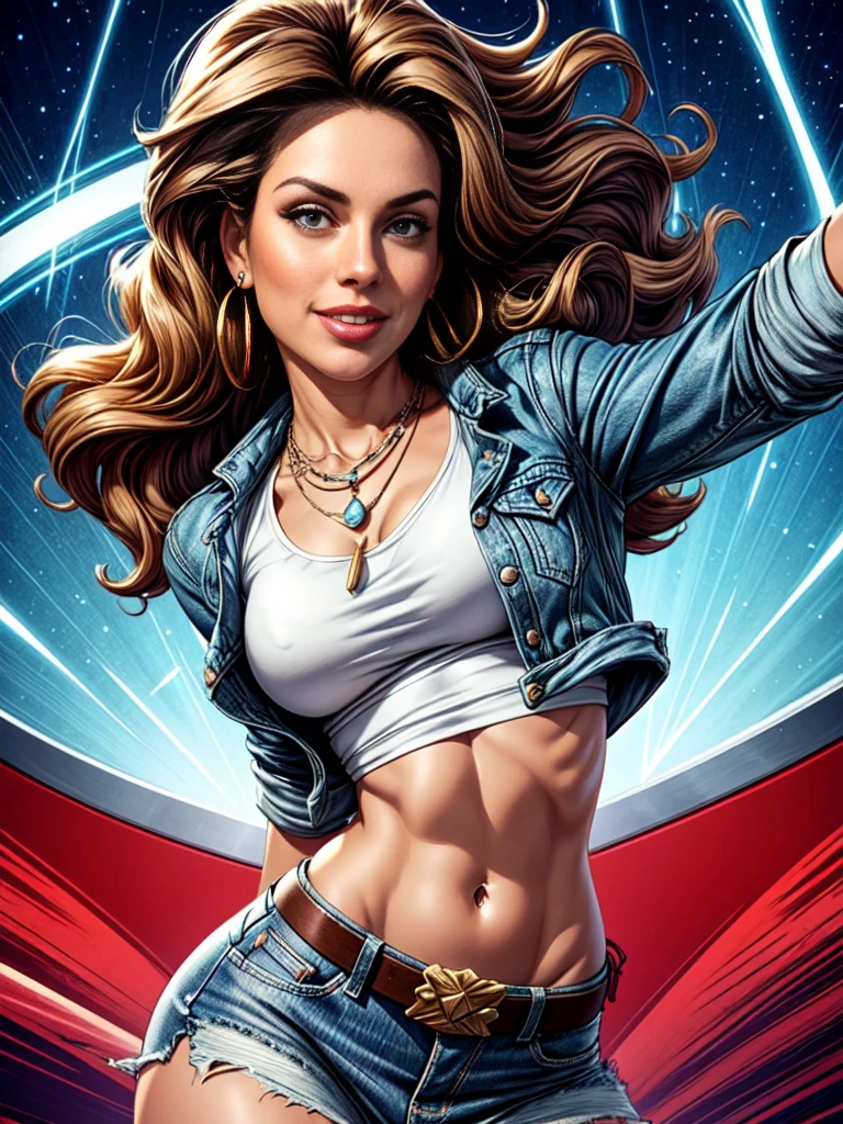 1woman 30year old, solo, long curly hair, looking at viewer, detailed eyes, shy smile,jewelry, medium breasts, earrings, midriff, belt, blue denim jacket over tight white t-shirt,mini skirt,necklace, bracelet, lips,((dynamic pose)), ((dynamic angle)),