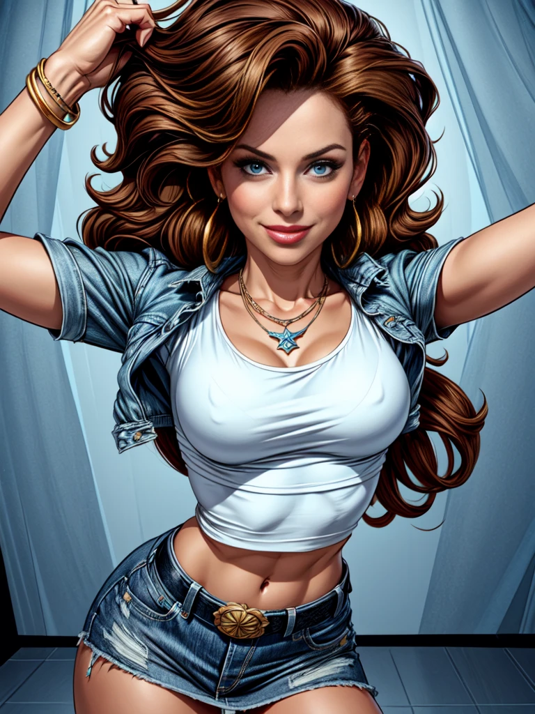 1woman 30year old, solo, long curly hair, looking at viewer, detailed eyes, shy smile,jewelry, medium breasts, earrings, midriff, belt, blue denim jacket over tight white t-shirt,mini skirt,necklace, bracelet, lips,((dynamic pose)), ((dynamic angle)),