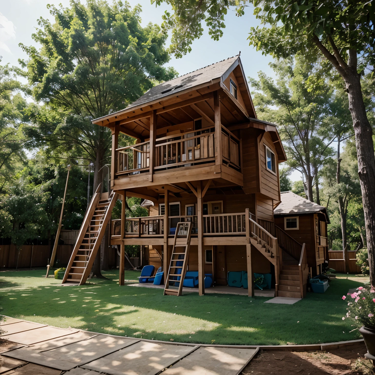 A children&#39;s house on stilts with slide and swing surrounded by trees and flowers