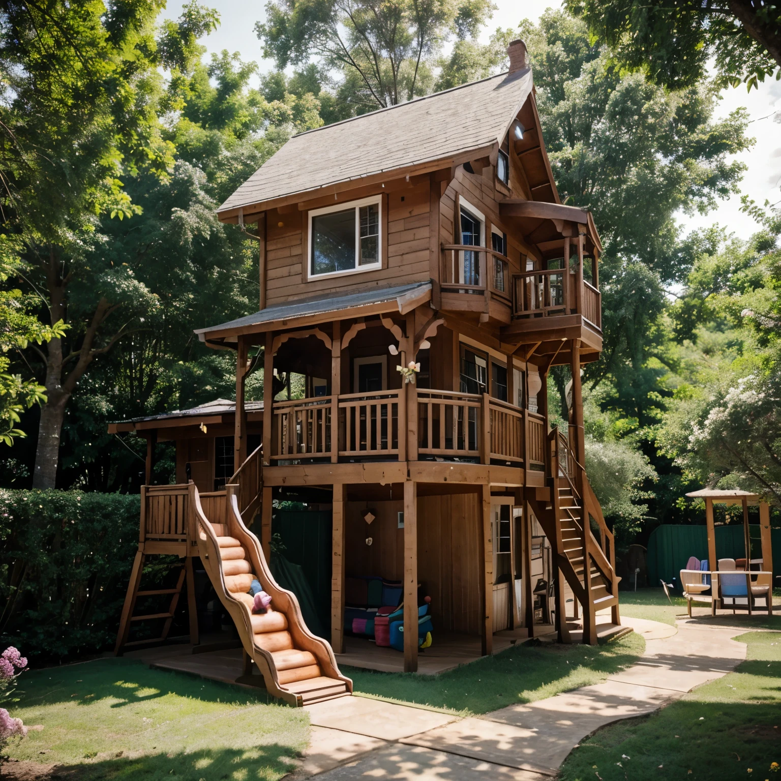 A children's house on stilts with slide and swing surrounded by trees and flowers
