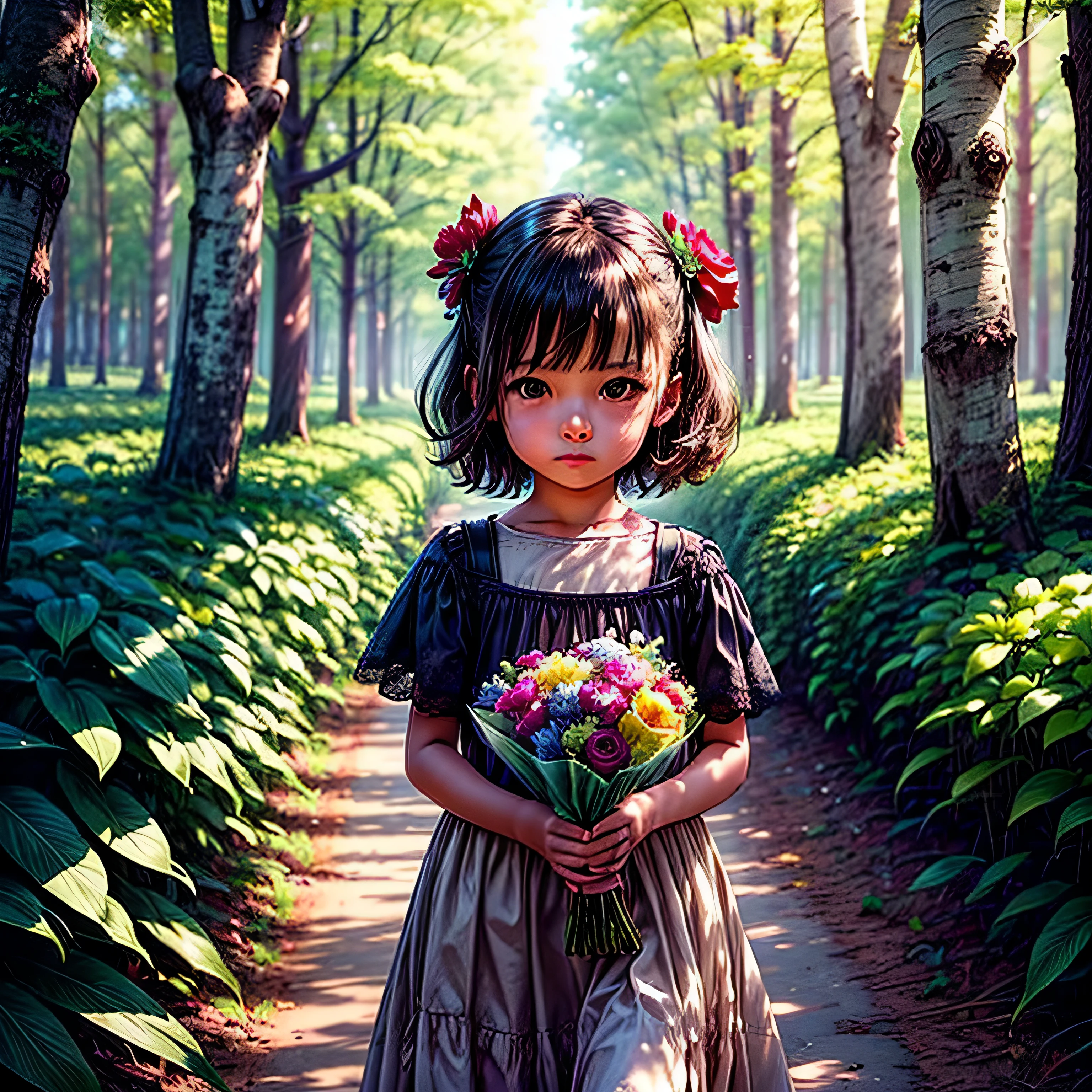 there is a  girl in a red and white dress holding a bouquet, girl in flowers, picking flowers, holding flowers, picking up a flower, girl standing in flower field, girl standing in a flower field, flowers on heir cheeks, girl in a flower field, portrait of girl in flower field, girl walking in forest, girl with a flower head