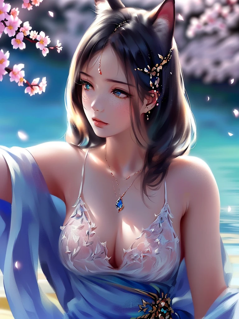 anime style, super fine illustration, highly detailed, dynamic angle, beautiful detailed, 8k, A girl is impressed by the cherry blossoms in Fuji-Hakone Izu National Park and the blue sky by the lakeside with Mt. Cherry blossom petals are dancing in the wind, the surface of the lake is calm, and the girl's expression is sincerely moved by the beauty of nature. very good illustration, High detail, dynamic angle, beautiful detailing,2D, (Best quality, masterpiece, Beauty, tenderness), Anime, Highly detailed face, very detailed eyes, very detailed background, Ideal lighting, Whole body, 1 girl, One, (Very detailed cat ears), (Very detailed ears behind the hair), Finely detailed eyes, ears covered with hair,