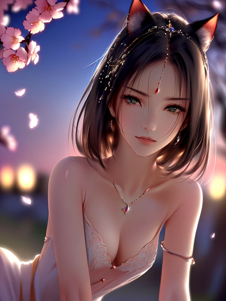 anime style, super fine illustration, highly detailed, dynamic angle, beautiful detailed, 8k, On a spring night, the cherry trees illuminated by the city lights are quietly shining. BREAK A woman stands still, captivated by the beautiful scene, watching the cherry blossoms flutter down. BREAK Her expression tells of her heartfelt admiration for the arrival of spring and the beauty of the cherry blossoms. very good illustration, High detail, dynamic angle, beautiful detailing,2D, (Best quality, masterpiece, Beauty, tenderness), Anime, Highly detailed face, very detailed eyes, very detailed background, Ideal lighting, Whole body, 1 girl, One, (Very detailed cat ears), (Very detailed ears behind the hair), Finely detailed eyes, ears covered with hair,