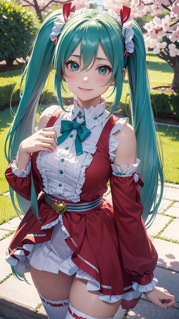 Super detailed, NSFW, masterpiece, High resolution, Photorealistic digital art, perfect lighting, (((1 girl, perfect anatomy))), accurate right hand, accurate left hand, five fingers, perfect style, shy smile, (hatsune miku,) 3d face, big light blue-green eyes, glossy lips, blue-green long hair, shiny skin, smile, (((twin tails))), big square hair accessories, ((Sakura)), Red dress, Focus on the groin, outdoor,