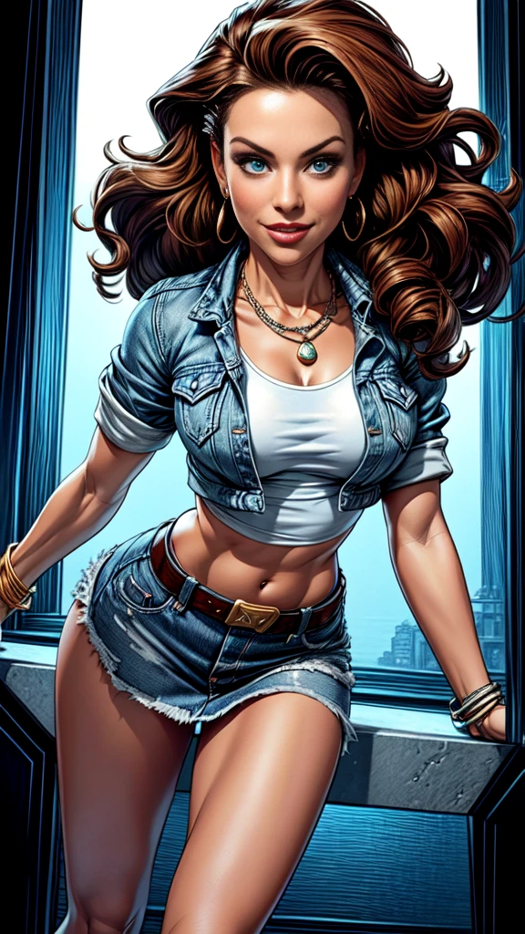 1woman 30year old, solo, long curly hair, looking at viewer, detailed eyes, shy smile,jewelry, medium breasts, earrings, midriff, belt, blue denim jacket over tight white t-shirt,mini skirt,necklace, bracelet, lips,((dynamic pose)), ((dynamic angle)),