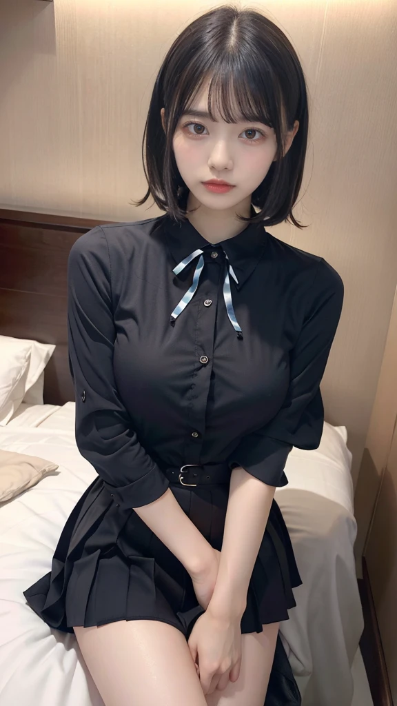 muste piece, best quality, illustration, Super detailed, fine details, High resolution, 8K,wall paper, perfect dynamic composition,(Details High quality, realistic depiction of eyes:1.3), (collared shirt:1.1), pleated skirt, big breasts, short bob hair、black hair color, Big Natural Color Lip, bold sexy pose, crying a little、cold gaze, Harajuku style、20 year old girl、cute type、lolita、beautiful legs, hotel room, gravure idol, Voluptuous thighs