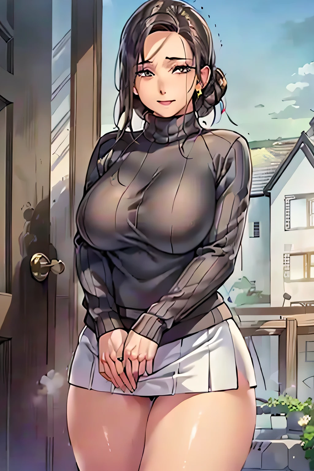(masterpiece:1.1)、(top-quality:1.1)、full body Esbian、shorth hair、Good anatomy、(1girl in:1.2)、(detailed faces and eyes:1.25)、orange color hair、brown haired、Brown-eyed、(huge-breasted、thighs thighs thighs thighs、thighs thighs thighs thighs:1.2)、looking at the viewers、a matural female、side locks、Kyoka Tachibana、(White knitted sweater:1.3), (a miniskirt:1.3)、is standing、(A smile:1.3)、red blush、Bare arms、bare elbows、(View from the front:1.5),outside of house、plein air, NSFW