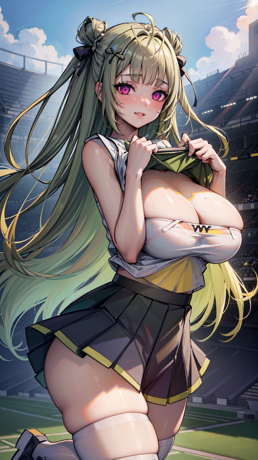 ((highly detailed)), ((nikke)), ((sodai: 1.2)), perfect human hands, (great breast:1.1),masterpiece, best quality, ultra-detailed, glistening shiny, glowing light, ray tracing, HDR, deph of field, (perfect face, detailed face, detailed eyes,perfect hands,perfect fingeredium :1.2),8k,HD,ultra realistic face,ray tracing,perfect lighting,best quality, ultra-detailed, shiny eyes, ( smile:1.1), ((1girl:1.2)),cowboy shot,thicc,streaked_hair,((green gradient hair)),multicolored eyes, gradient eyes, red eyes, (glowing eyes:1.5), mascara, (fashion make up), (parted lips,blush, detailed face, cheerleader, (((stadium))), cheerleading ,dark blue sky),((super detailed background))),((super detailed background)), dynamic poses, ((8k wallpaper)), (mature female), black thighhighs, gigantic sagging breast, standing, (((lifting up skirt:1.4))), (((cheerleader outfit))), (((pom poms in hands))), (((jumping: 1.4))), (((soda inside a stadium))), (((cheerleader shirt)))