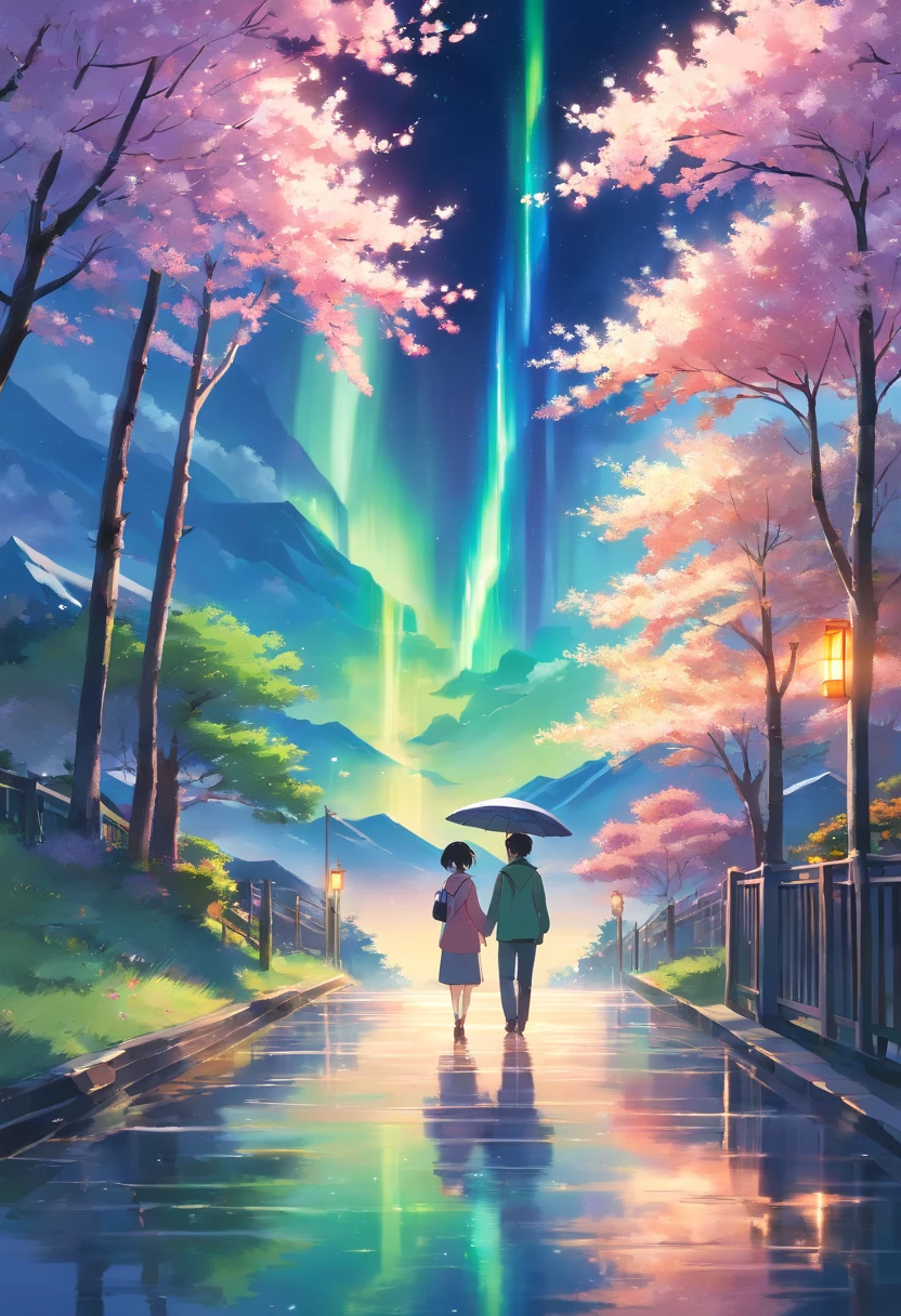 A painting with elements reminiscent of Japan, Canada, Norway with the Northern Lights mountain, fleurs de cerisier, torii, un homme et une femme amoureux