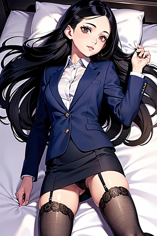 ((highest quality)), ((masterpiece)), (detailed), Anime 2D Rendering, Realistic young anime woman, Perfect Face, OL、Beautiful girl、Long black hair、Outstanding style、nice buddy、glamorous、navy blue business suit、Skirt、Jacket、Garter belt and black stockings、High heels、Lying in bed