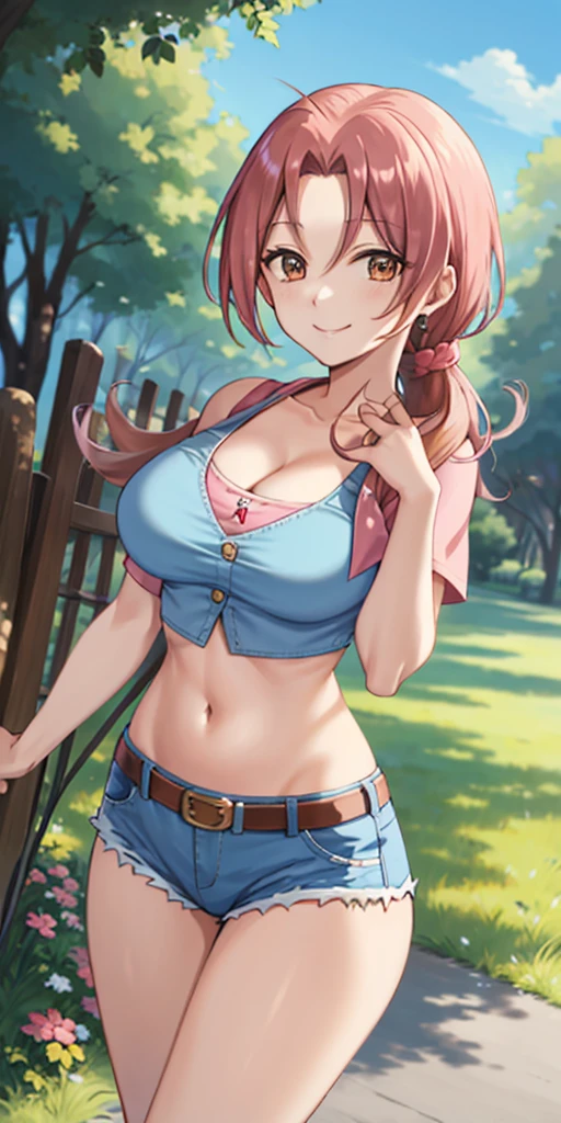 2d, masterpiece, best quality, anime, highly detailed, 1girl, solo, cowboy shot, Delia Ketchum, pink hair, butterfly hair ornament, crop top , cleavage, Denim shorts , medium breasts, standing, school, outdoors, smile