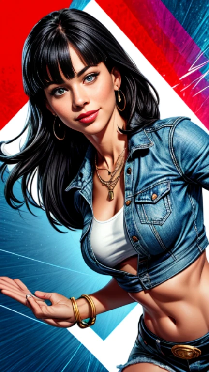 1woman 30year old, solo, long straight black hair, bangs,looking at viewer, detailed eyes, shy smile,jewelry, medium breasts, earrings, midriff, belt, blue denim jacket over tight white t-shirt,mini skirt,necklace, bracelet, lips,((dynamic pose)), ((dynamic angle)),