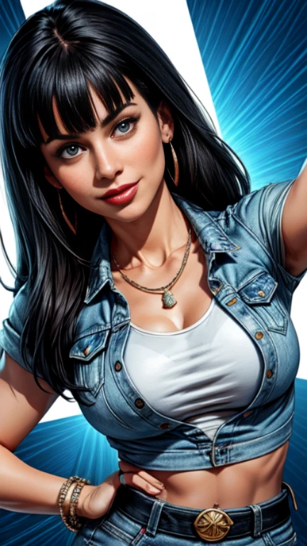 1woman 30year old, solo, long straight black hair, bangs,looking at viewer, detailed eyes, shy smile,jewelry, medium breasts, earrings, midriff, belt, blue denim jacket over tight white t-shirt,mini skirt,necklace, bracelet, lips,((dynamic pose)), ((dynamic angle)),
