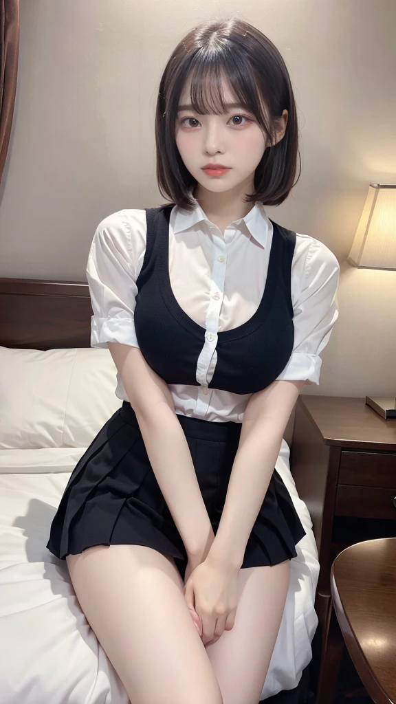 muste piece, best quality, illustration, Super detailed, fine details, High resolution, 8K,wall paper, perfect dynamic composition,(Details High quality, realistic depiction of eyes:1.3), (collared shirt:1.1), pleated skirt, large breasts, short bob hair、black hair color, Big Natural Color Lip, bold sexy pose, crying a little、cold gaze, Harajuku style、20 year old girl、cute type、lolita、beautiful legs, hotel room, gravure idol, Voluptuous thighs