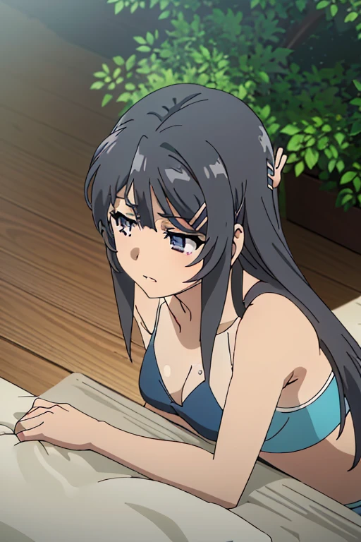 A tanned-skinned anime girl lies despondently on the ground, her hand cradling her abdomen in agony. Her fabric revealing the faint outlines of her ribs. Long sun-kissed locks cascade around her face, concealing it from view. Her despairing expression, etched with lines of hunger and suffering, speaks of a life devoid of sustenance. The sunlight filters through the foliage above, bathing her emaciated figure in a warm, golden glow that accentuates the definition of her bones. The bikini top clings to her body, leaving little to the imagination, she lying down on the forest floor with her eyes closed in immense pain and suffering from hunger